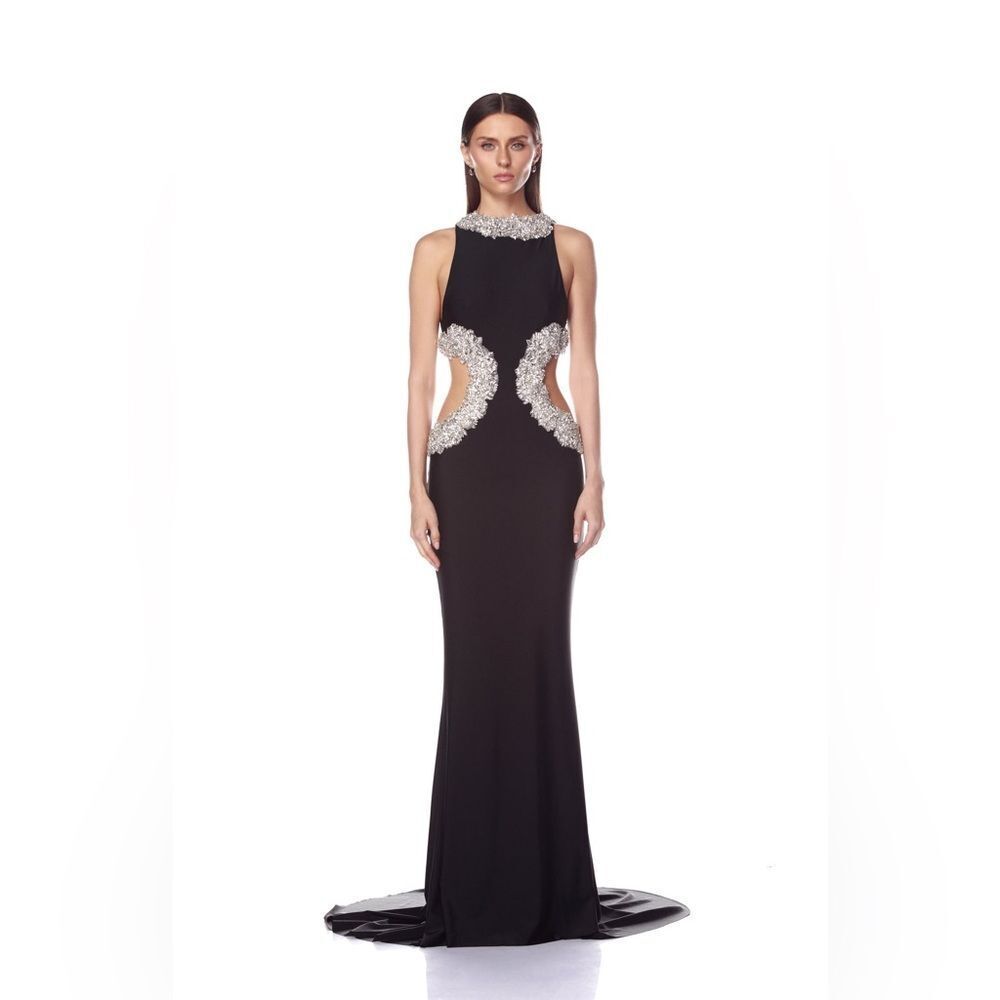 NEW BRONX BANCO Camila Black Rhinestone Cutout Gown, wedding guest evening dress